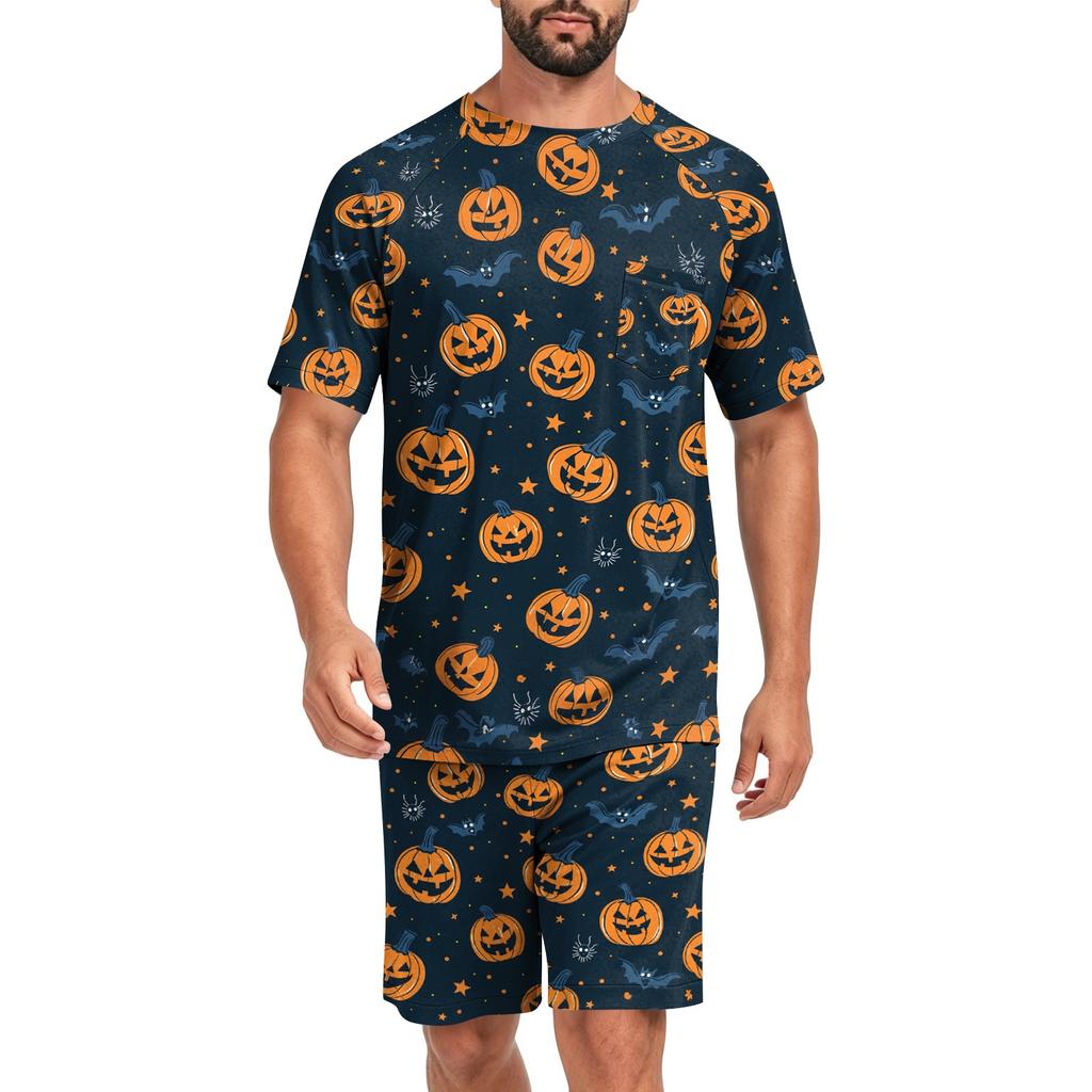 Men's Halloween Casual Pajama Set Short Sleeve Top and Shorts Lightweight Comfortable Sleepwear Set for Home and Lounge