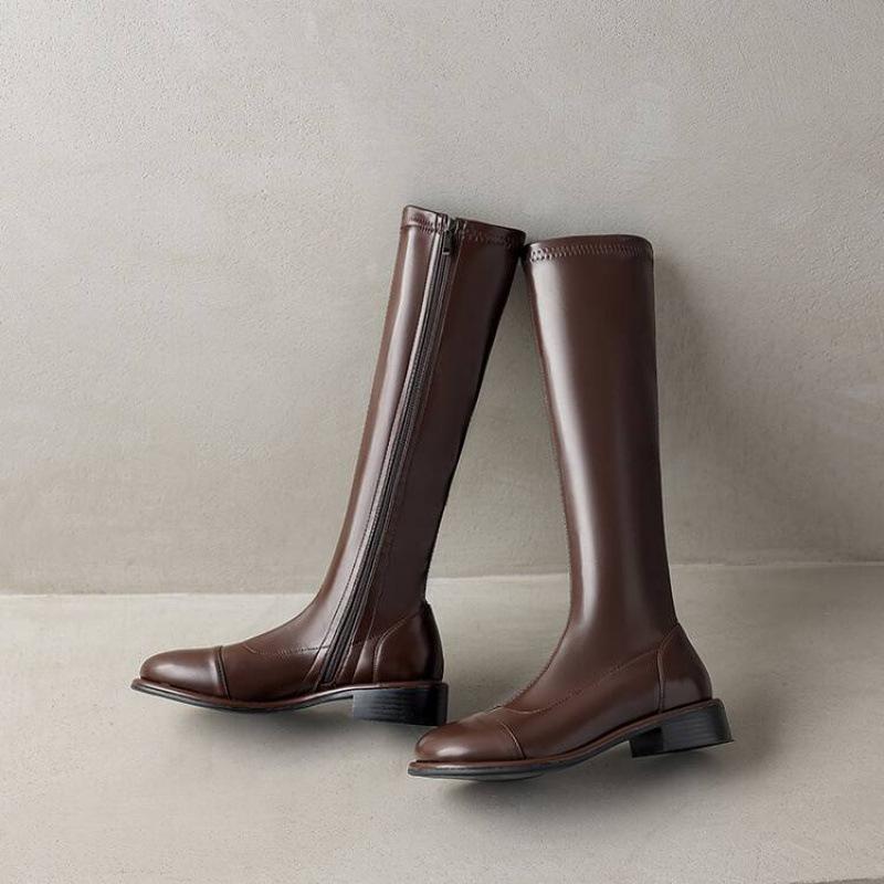 Autumn and Winter Women's Side Zipper High Boots Rubber Sole Middle Heel Round Head Korean Version Square Heel Leather Boots New Martin Boots Women