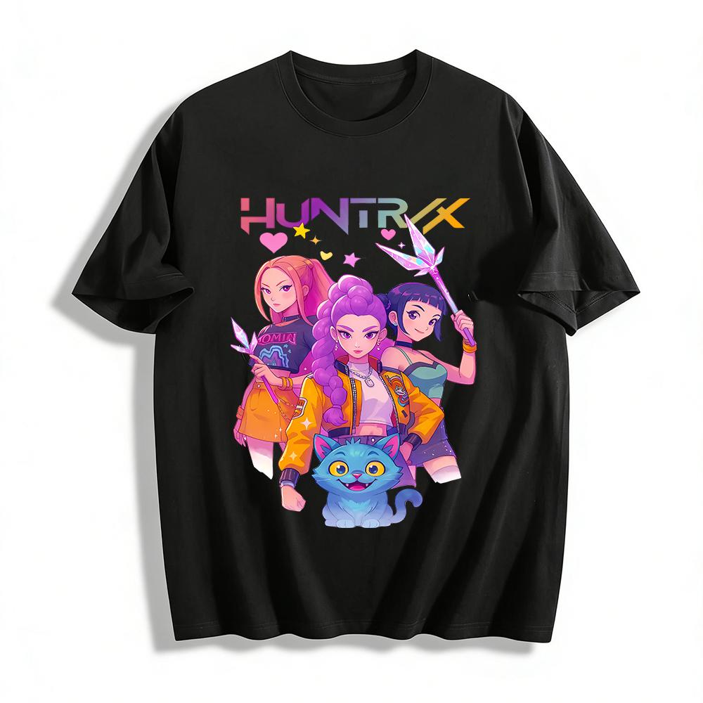 

Huntrix Magic Girl Group & Cute Pet Co-branded Printed Top Trendy Anime Style Casual T-shirt Pure cotton T-shirt XXS