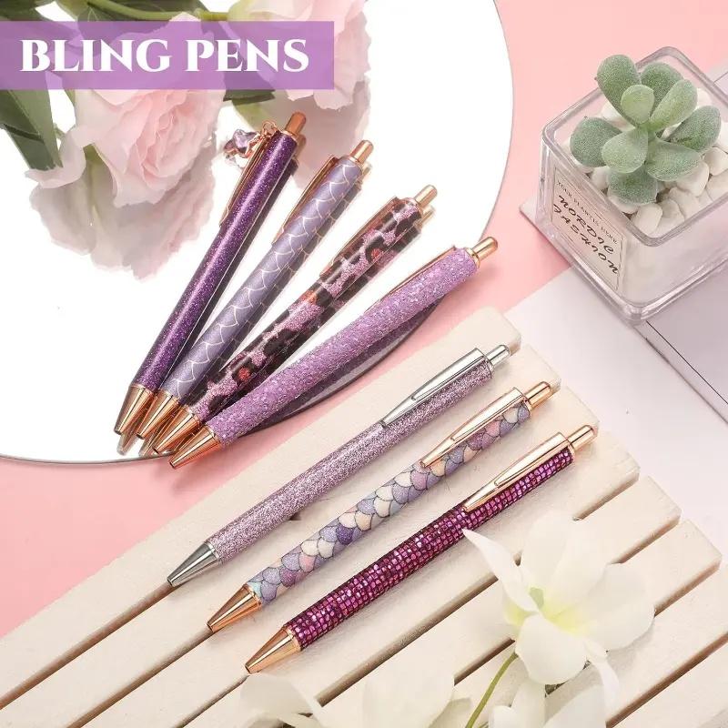 6pcs Ballpoint Pens Set Metal Crystal Diamond Pen for Journaling Glitter Stationery Fancy Gifts for Teacher Graduation Supplies