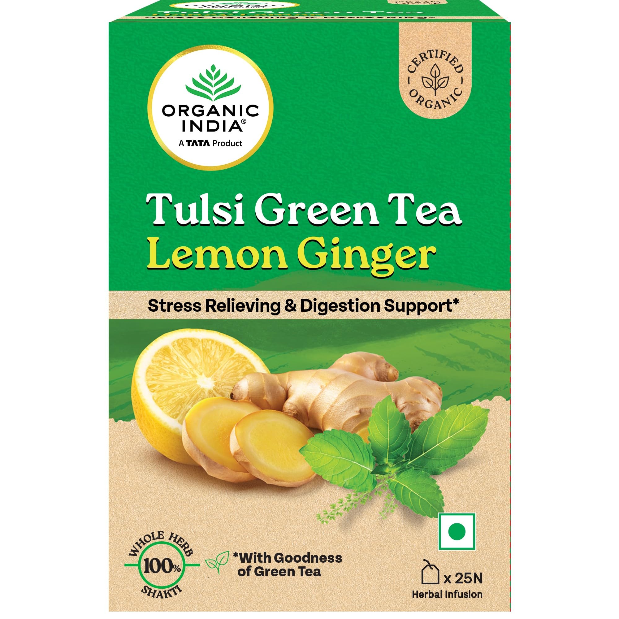 A TATA Product - Organic India Tulsi Green Tea Lemon Ginger - 25 Teabags, Herbal Blend with Green-Tea, Tulsi, Lemon & Ginger, Supports Digestion, R