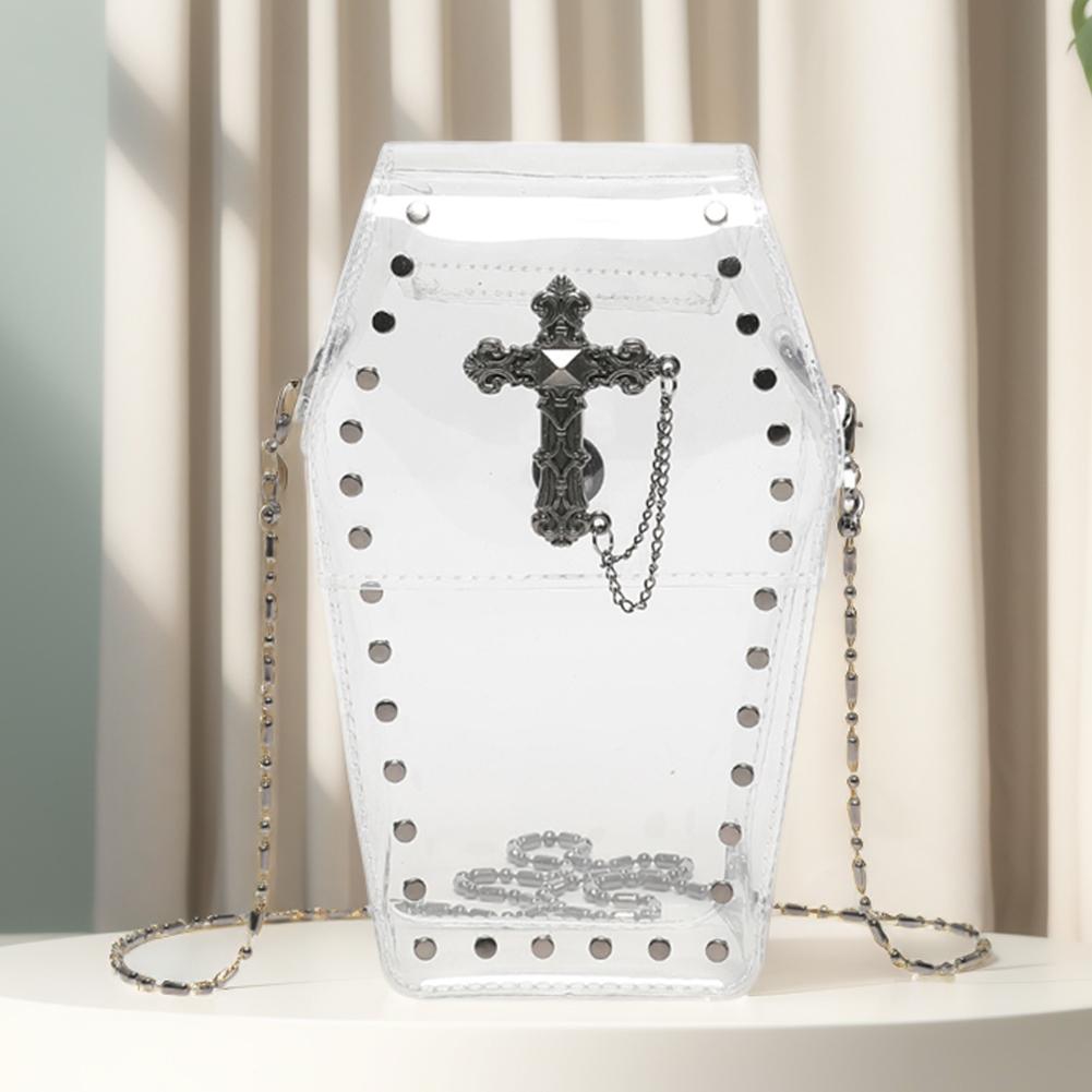 Women Gothic Crossbody Bag PVC Clear Jelly Satchel Bag Cross Coffin Sling Bag Stadium Approved Phone Bag