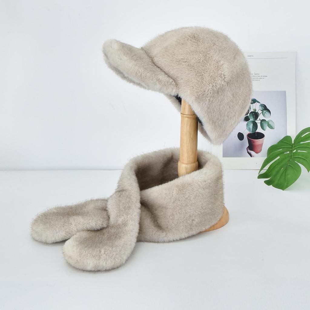 Autumn Winter Women's Faux Mink Fur Baseball Cap, Faux Fur Warm Hat Scarf Set 2Pcs, Outdoor Travel Lady Cap & Scarf Combo