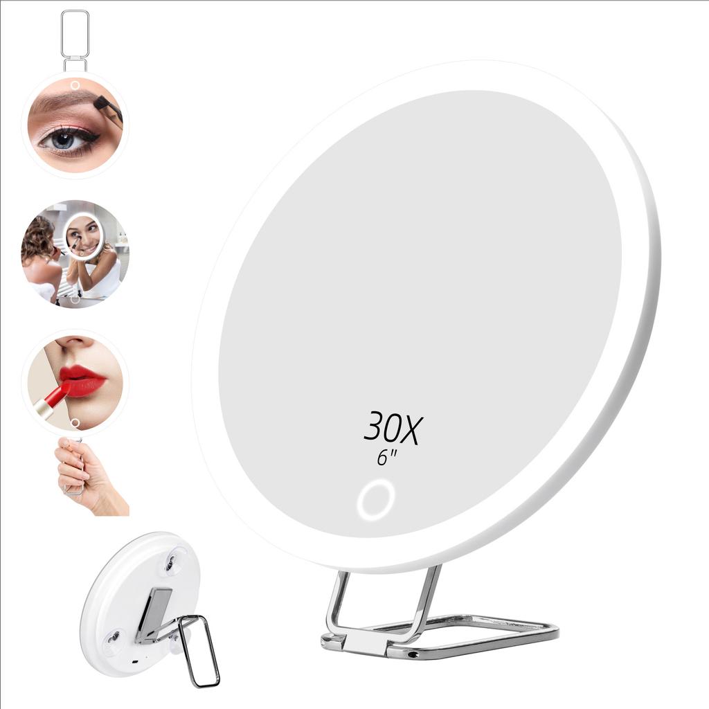 Dimmable Lighted Makeup Mirror 20X 30X Magnifying, Rotating Suction Cup, Rechargeable LED, 15cm Desktop Beauty Mirror
