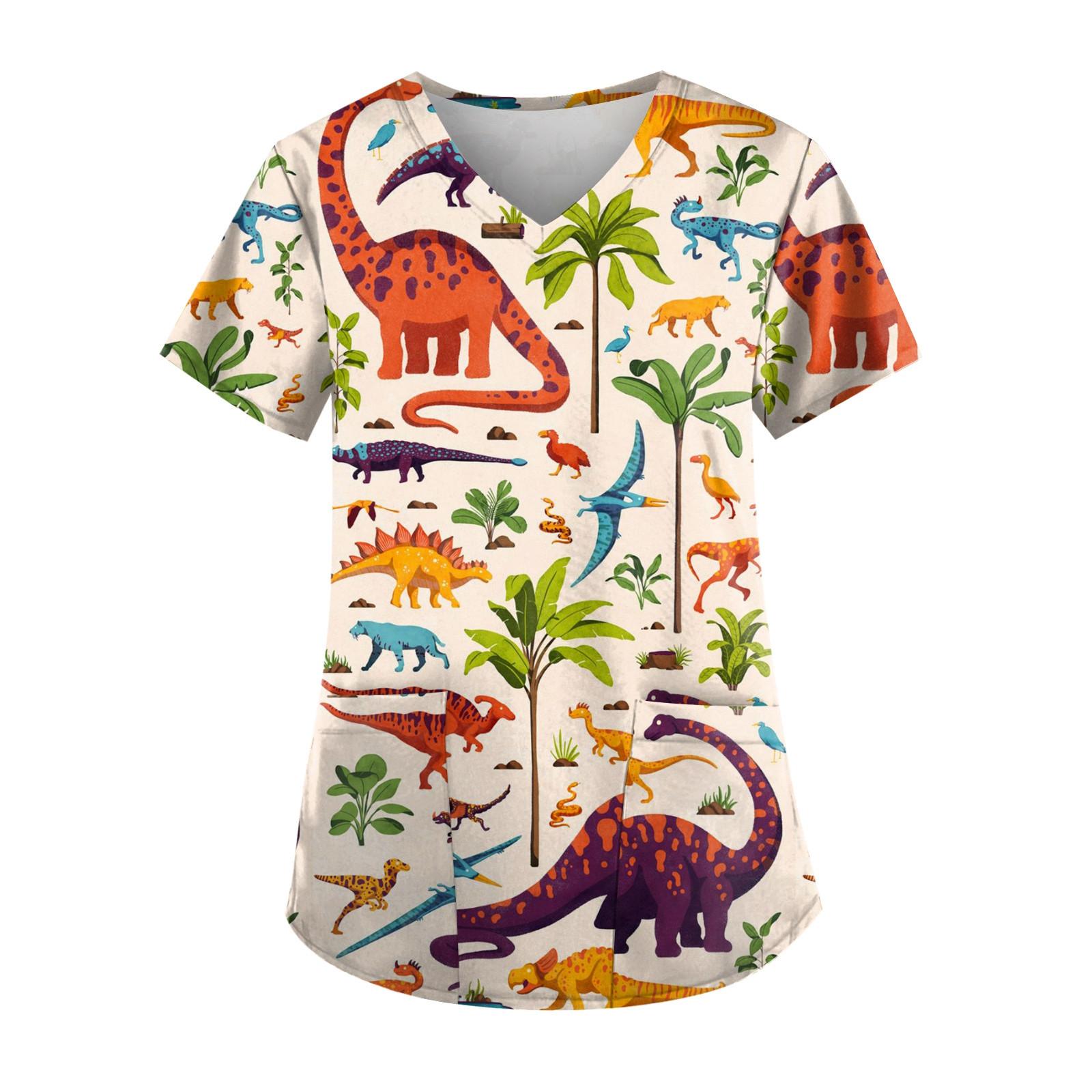 

Рабочая форма больших размеров с принтом динозавра, топы для женщин, футболки с v-образным вырезом и короткими рукавами, рабочая одежда, футболка с карманами XL оранжевый