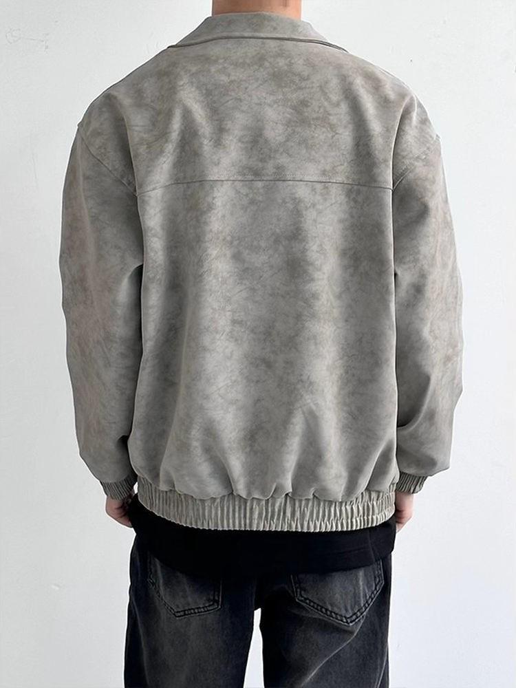 Men's Trendy American Style Leather Bomber Jacket - Loose Fit, Lapel Short Motorcycle Design for Autumn