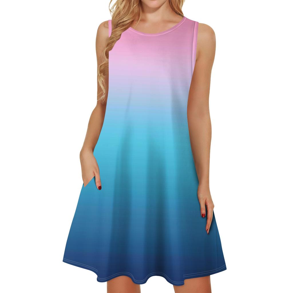 Damen Sommerkleider Lockerer U-Ausschnitt Ärmelloses Sommerkleid Kleid Mit Taschen