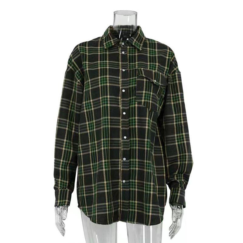 

Fashion Style Retro Trendy Easiest for Match Plaid Loose-Fitting Shirt Checkered Loose Fitting Shirt Green S