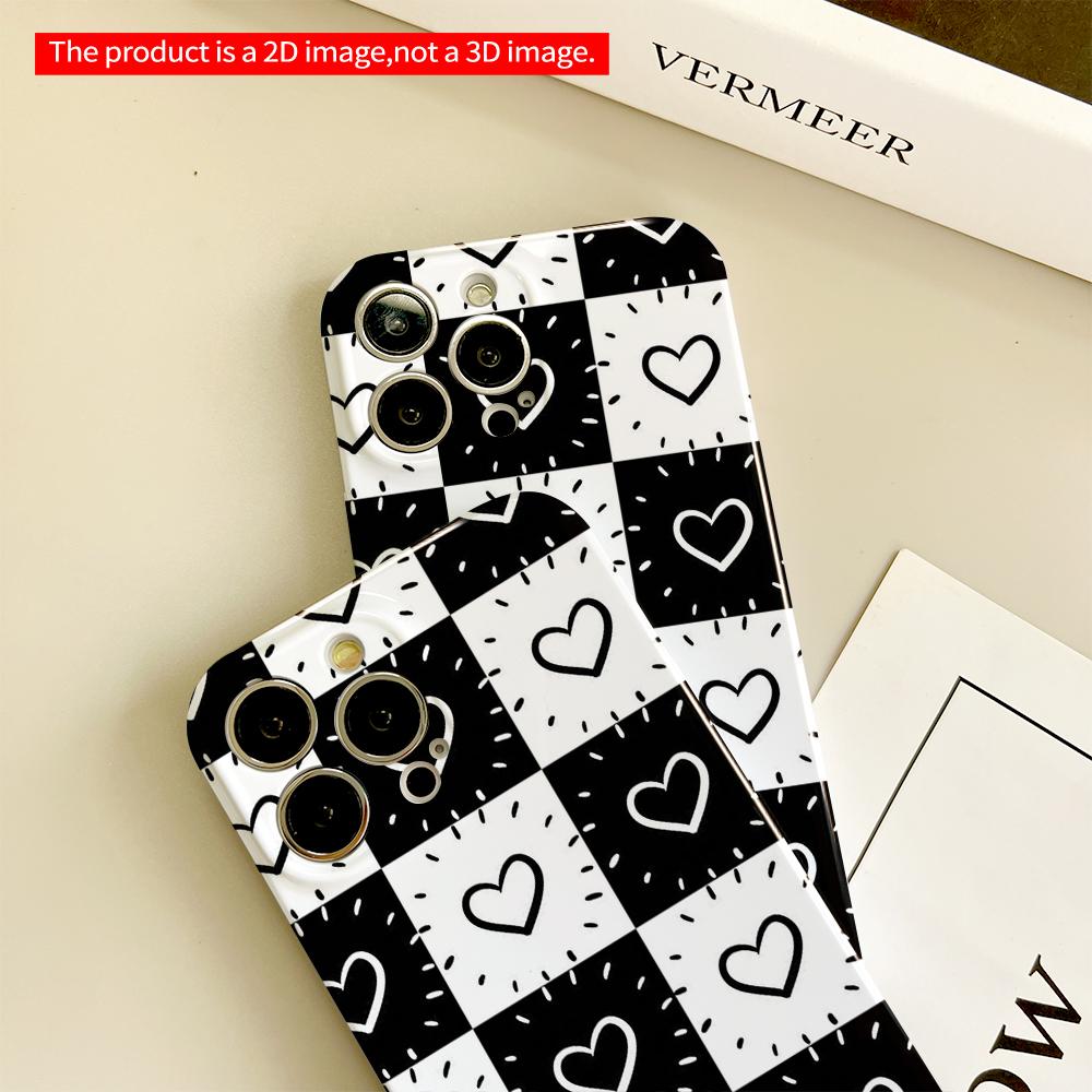 Black and White Heart Checkerboard Pattern Phone Case All Inclusive Film Hard Phone Case, Compatible with iPhone 18 Pro Max 17 16 15 14 13 12 11