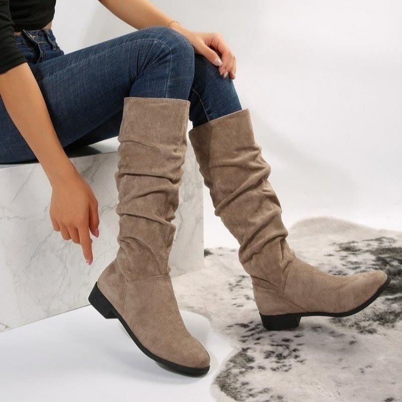 Bottes western à tige haute pour femmes, en daim à poils longs de grande taille européenne et américaine, bout rond, couleur unie, talon épais, semelle plate, bottes de mode