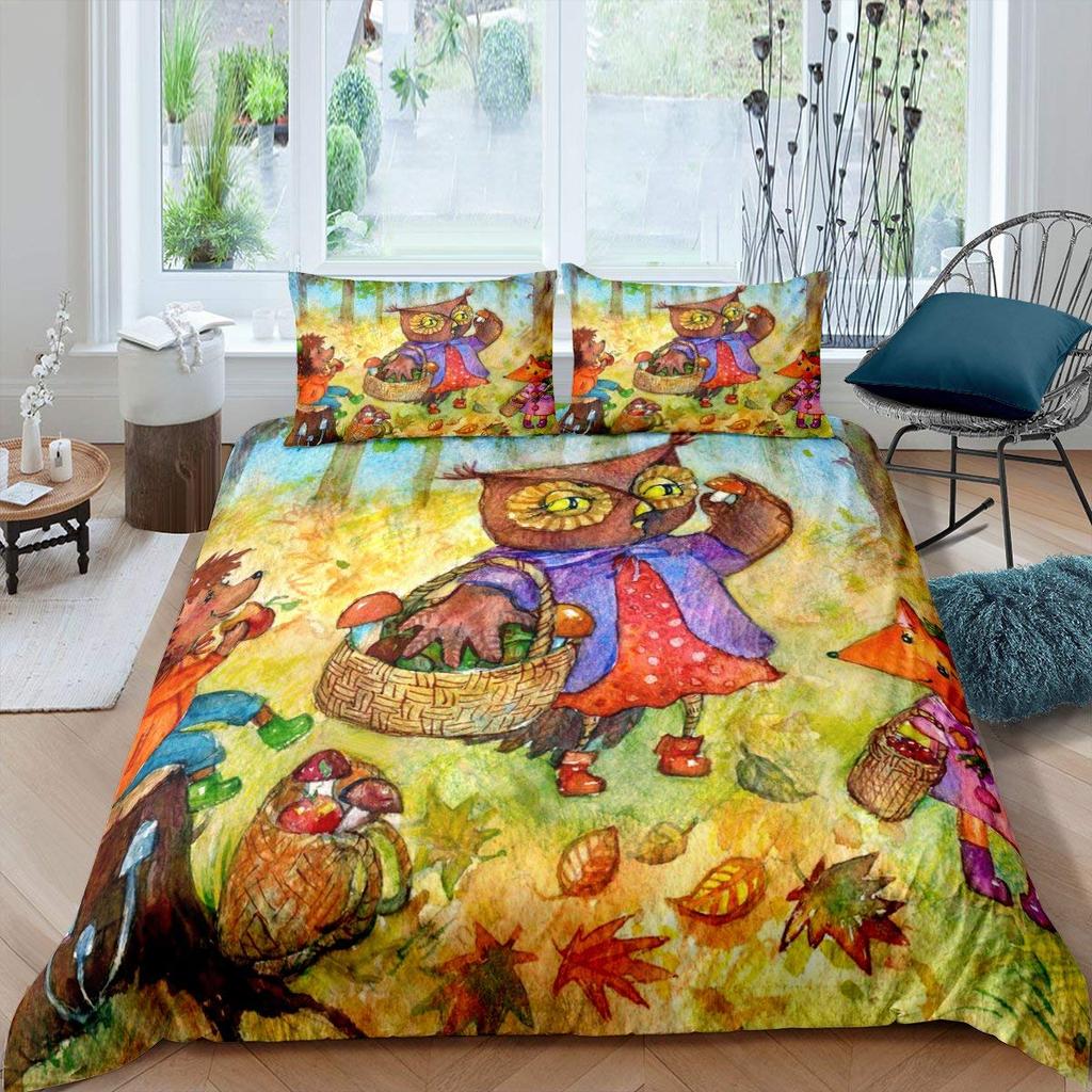 Cartoon Owl King Queen Duvet Cover Gray Cute Animal Bedding Set Pink Orange Grey Flowers Comforter Cover Polyester Quilt Cover