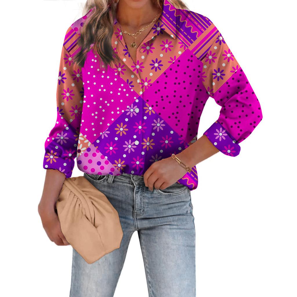 1116 Fashion European and American Shirts Spring and Autumn Loose Digital Printed Checked Cardigan Women's Shirt