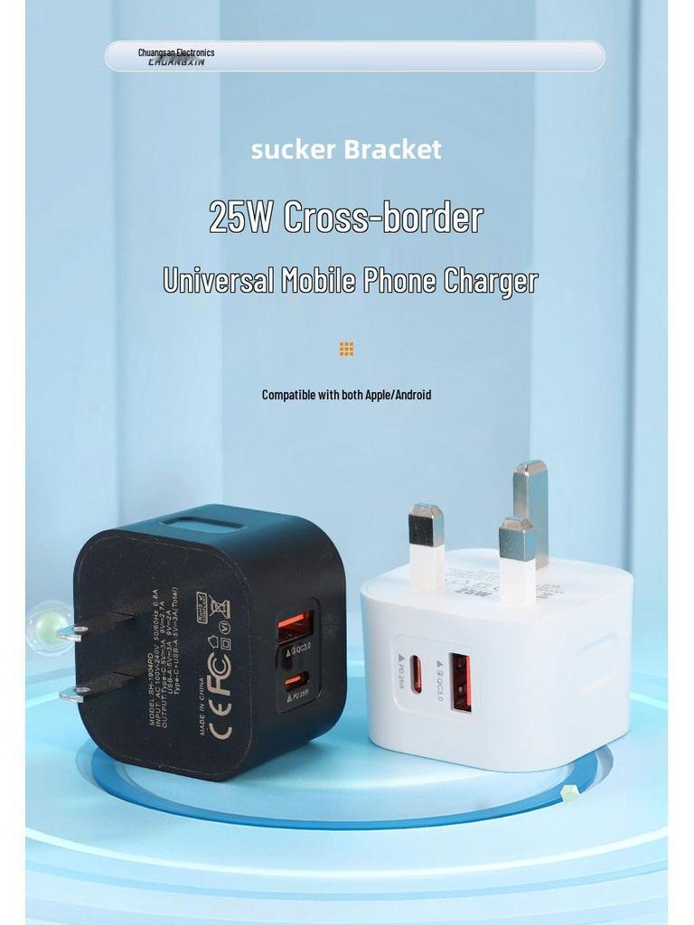 Universal Mobile Fast Charger for Android & Apple - EU/US/UK Plug, USB/PD Dual Ports.