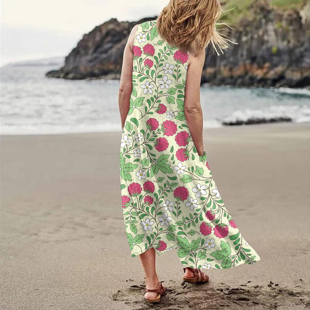 Lässiges, bequemes, ärmelloses Baumwolltaschenkleid mit Blumendruck für Damen