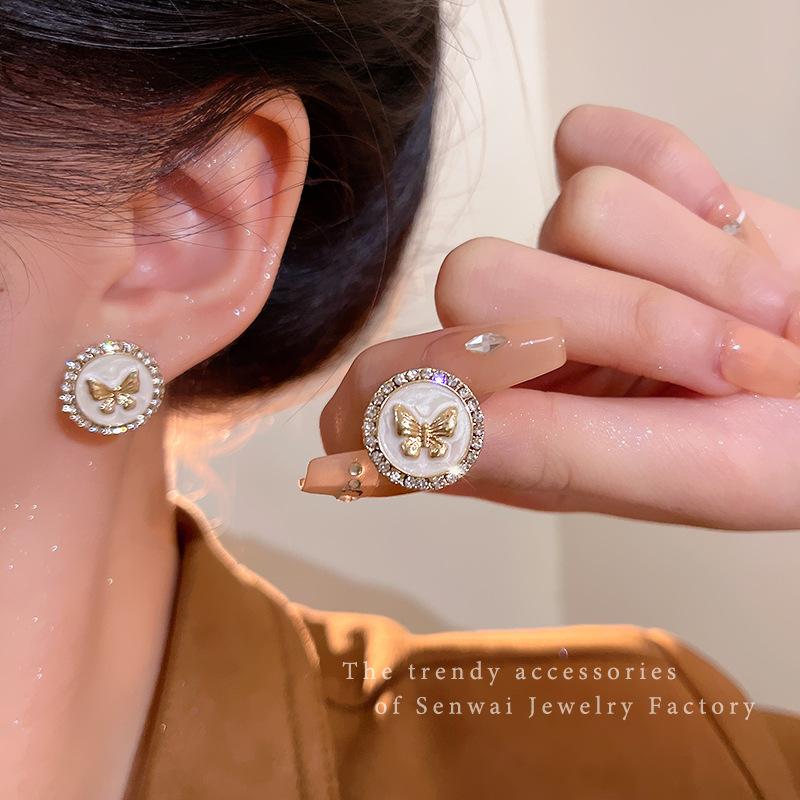 ins wind drop glaze butterfly circle earrings women s unique niche design flash diamond stud earrings French retro earrings