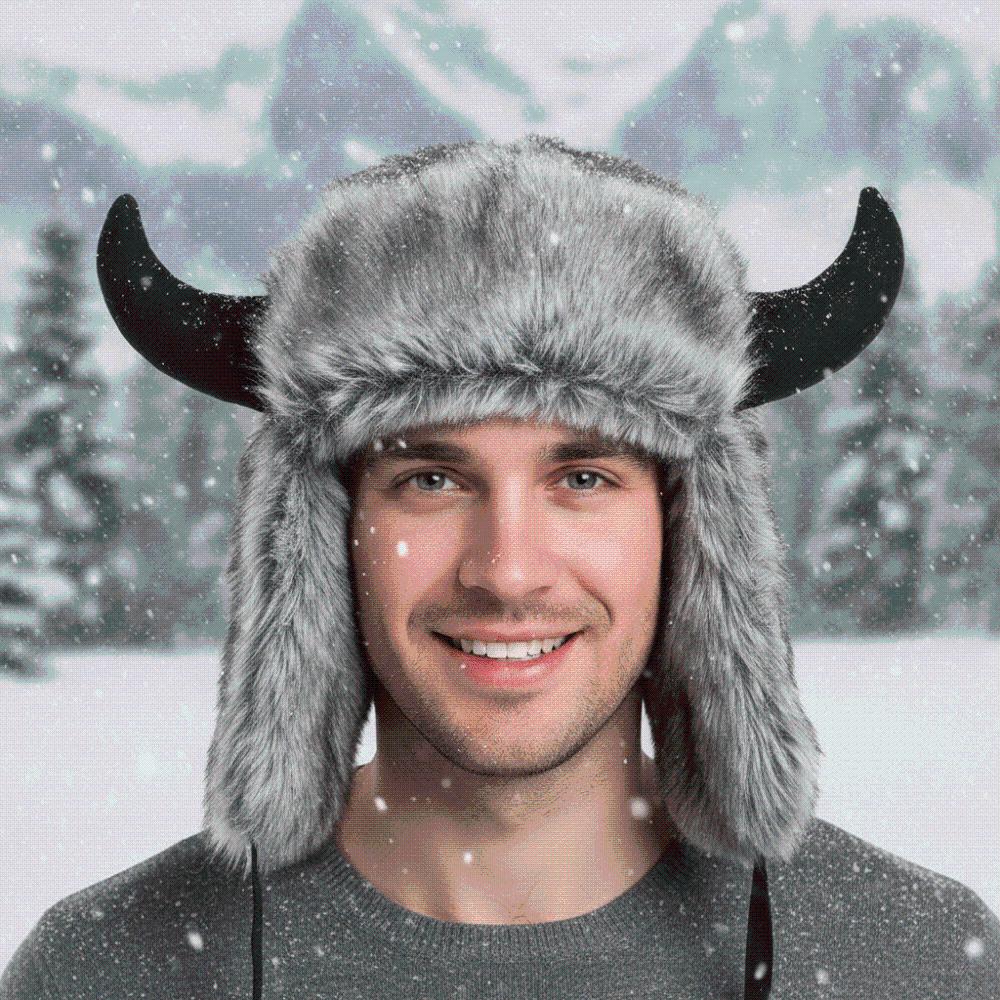 Windproof Fabric Faux Fur Hat Thickened Lining Bull Horns Bonnet Winter Trapper Caps Snow Skiing