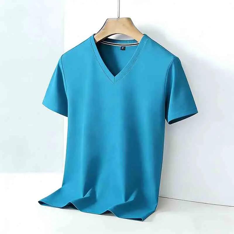 Men's Solid Color V Neck T Shirt Casual Slim Fit Breathable Short Sleeve Basic Top for Daily Wear Brown