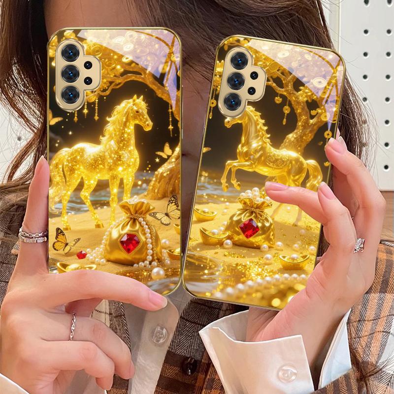 The Golden Fighting Horse For Samsung A 31 32 33 34 35 14 15 13 16 25 26 50 52 53 54 55 56 70 71 72 73 Golden Glass Phone Case