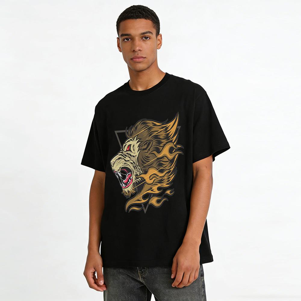 Roaring Fire Lion Print Trendy Casual Breathable Crewneck T-Shirt Pure Cotton T-shirt