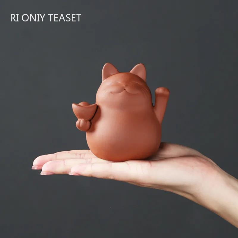 

1 Pc Chinese Purple Clay Tea Pet Handmade Lucky Cat Animal Statue Ornaments Sculpture Tea Figurine Decoration Household Tea Set 7.8x8.9cm