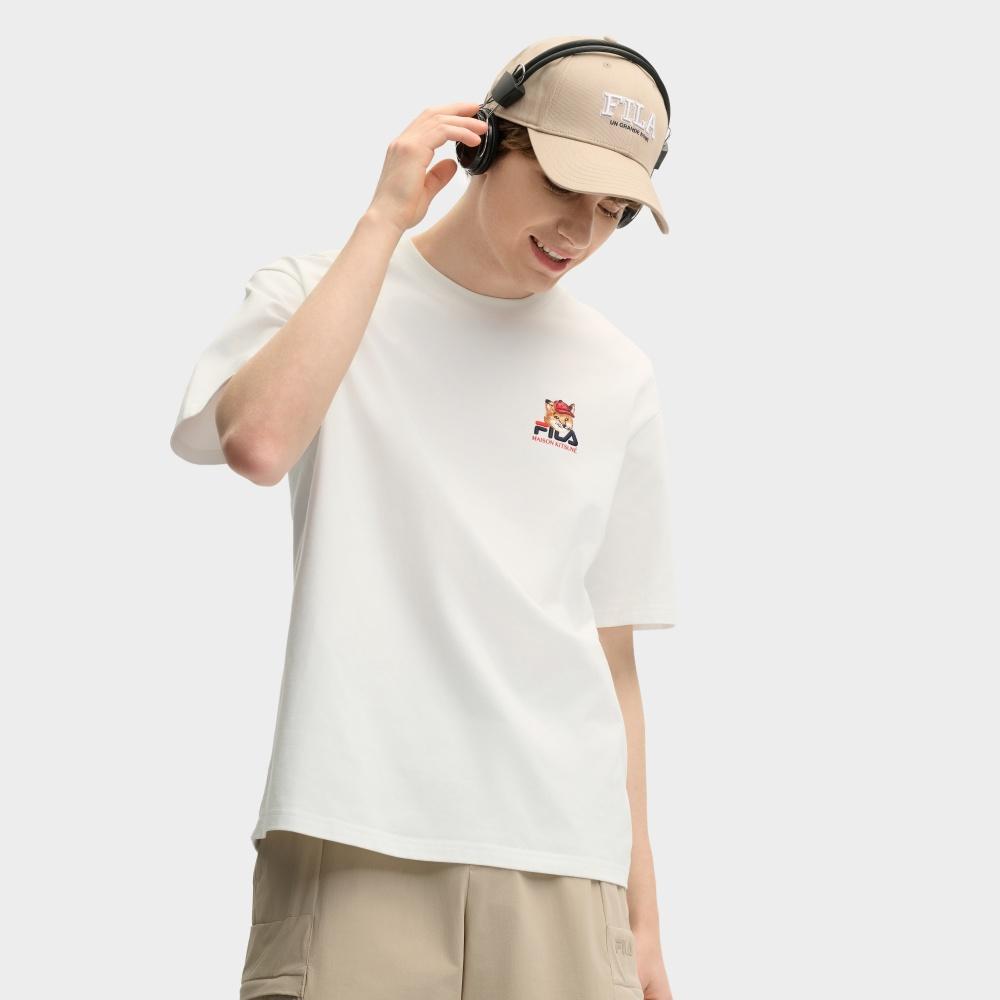 New FILA x Maison Kitsune Little Fox T Shirt Unisex Cloud White F11U529101F-WT