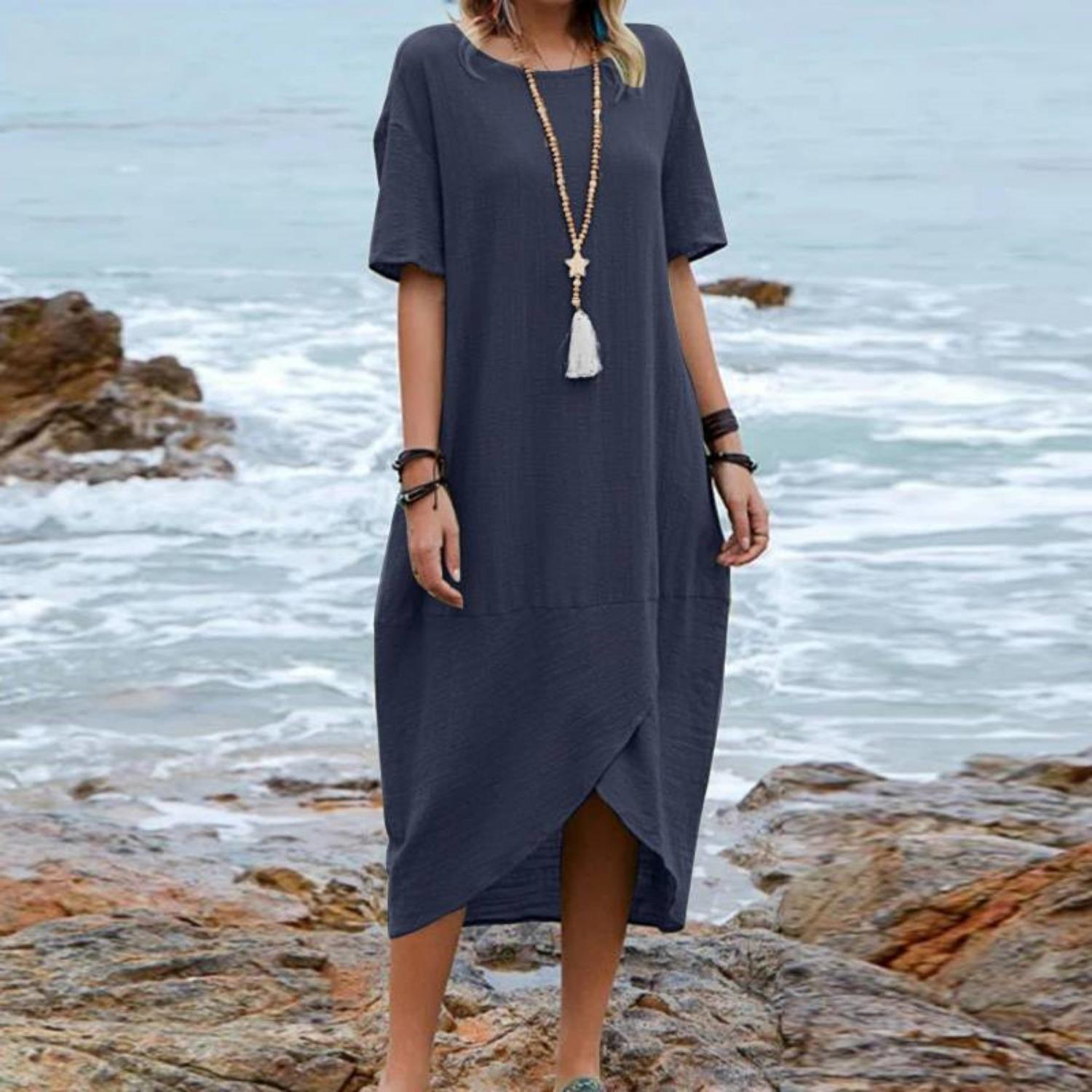 

2025 Новое женское однотонное хлопково-льняное винтажное платье миди с коротким рукавом и круглым вырезом 5XL