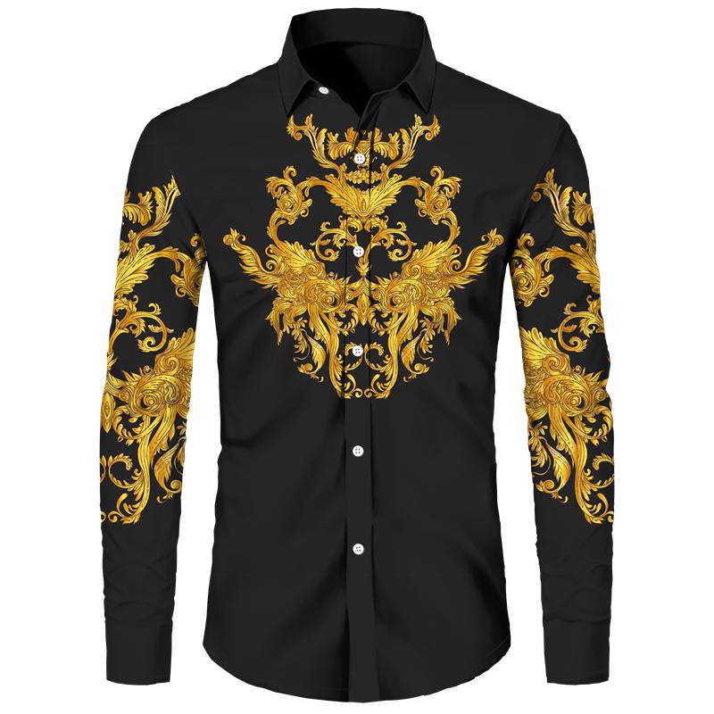 Golden Flower Pattern Print Men's Shirts Casual Single-Breasted Cardigan Long Sleeve Shirt Fashion Trend Tops Men Clothing