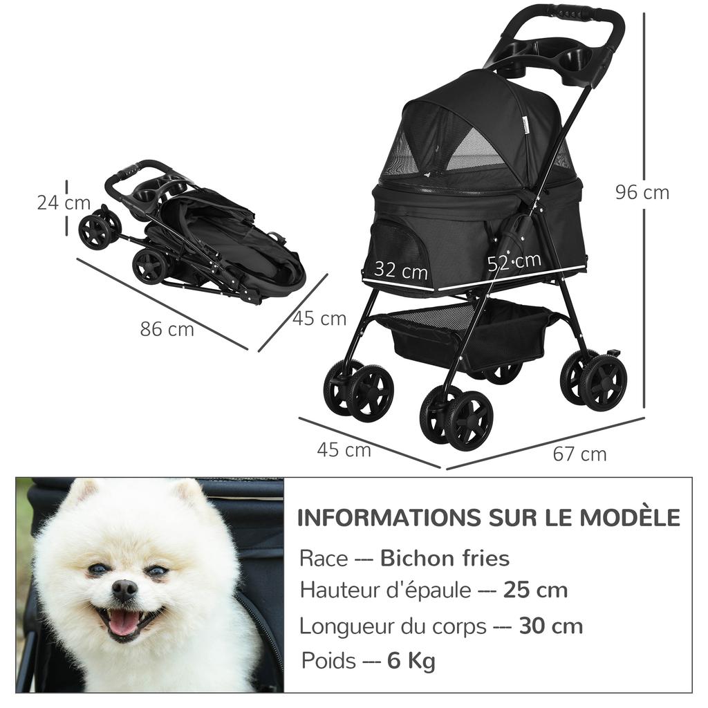 Dog Pram Dog Stroller Foldable Pet Pushchair with 4 Wheels, Safety Leashes, Cup Holder for Small Dogs, Black
