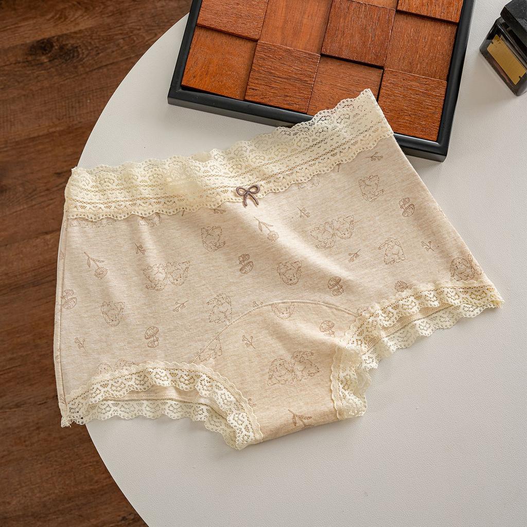 Women's Summer Lace Floral Cotton Antibacterial Skin Friendly Breathable Mid Waist Briefs