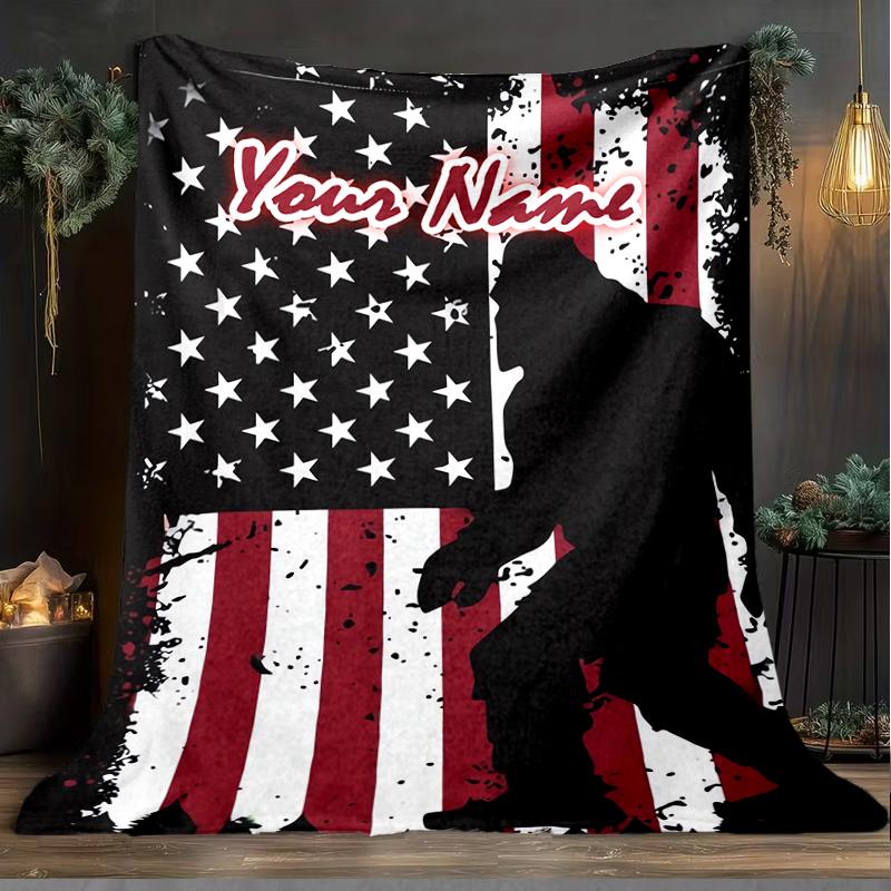 1PC Custom Name Bigfoot American Flag outdooor Flannel blankets Patterns Throw Blanket All-Season Soft Gift for Couch, Bed, Camping gifts