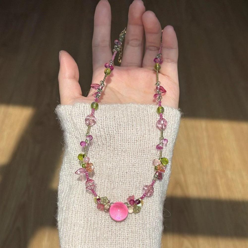 Cute Y2K Bohemian Cartoon Resin Cherry Fruit Flower Pendant Bead Choker Necklace for Girls Harajuku Charm Jewelry Accessories