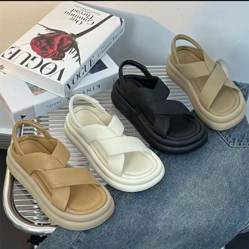 Fashion Open Toe Sandals for Women with Elastic Band Cross 2024 Summer New Thick Sole Fashionable Beach Roman Shoes Solid Color Trend