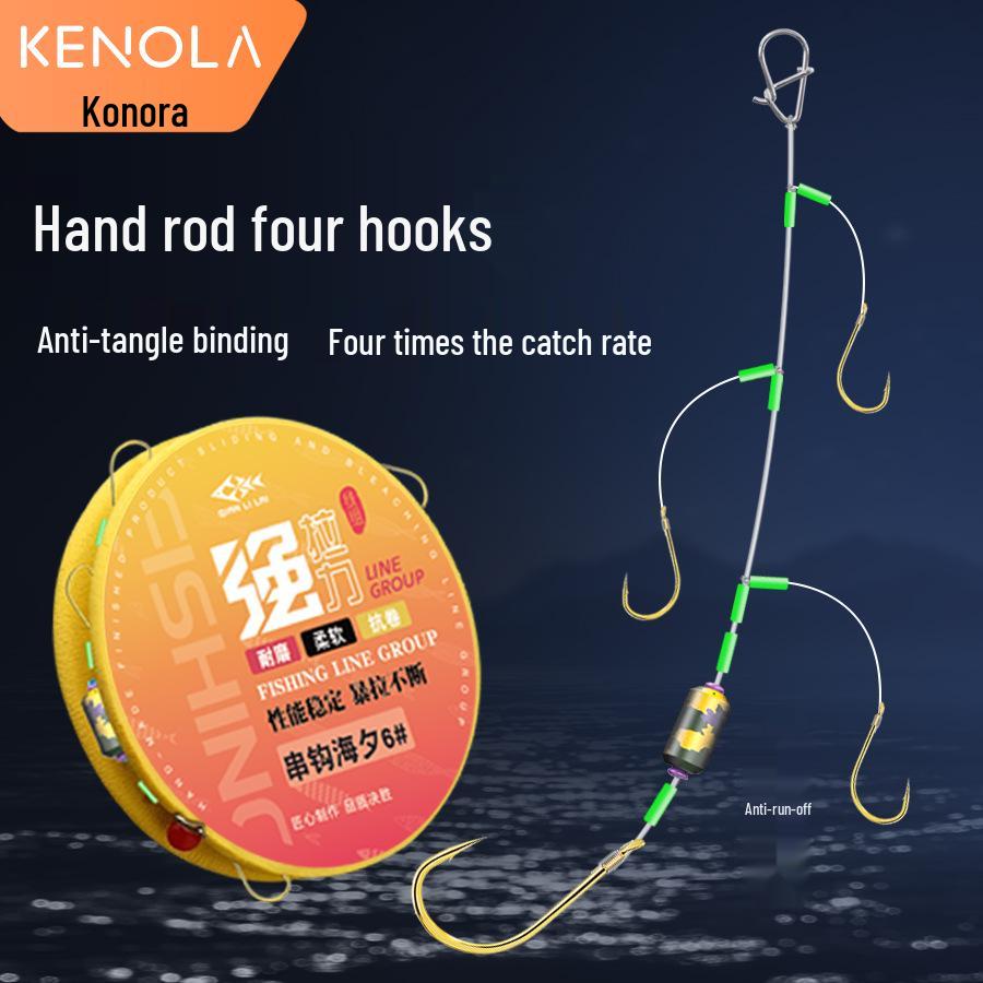 

Anti-Tangle Hand Rod Fishing Rig: Four Hook Line with Gold Sleeves and Double Hooks Gold Sleeve 6# Main 1.5 - Sub 1.2