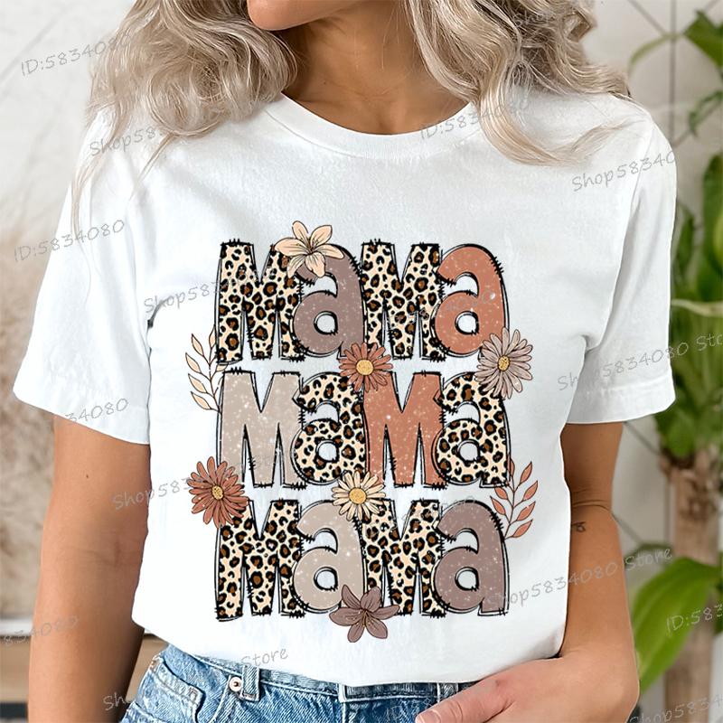 Fashion Funny Leopard Mama Flower Print Kids Short Sleeves T-Shirt Loose Casual Summer Outdoor Street Boy and Girl Tees Tops