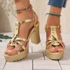 Fashion Super High Heel Sandals Summer New Round Toe Open Toe Cross Strap Platform Non-slip Wear-resistant Block Heel Shoes