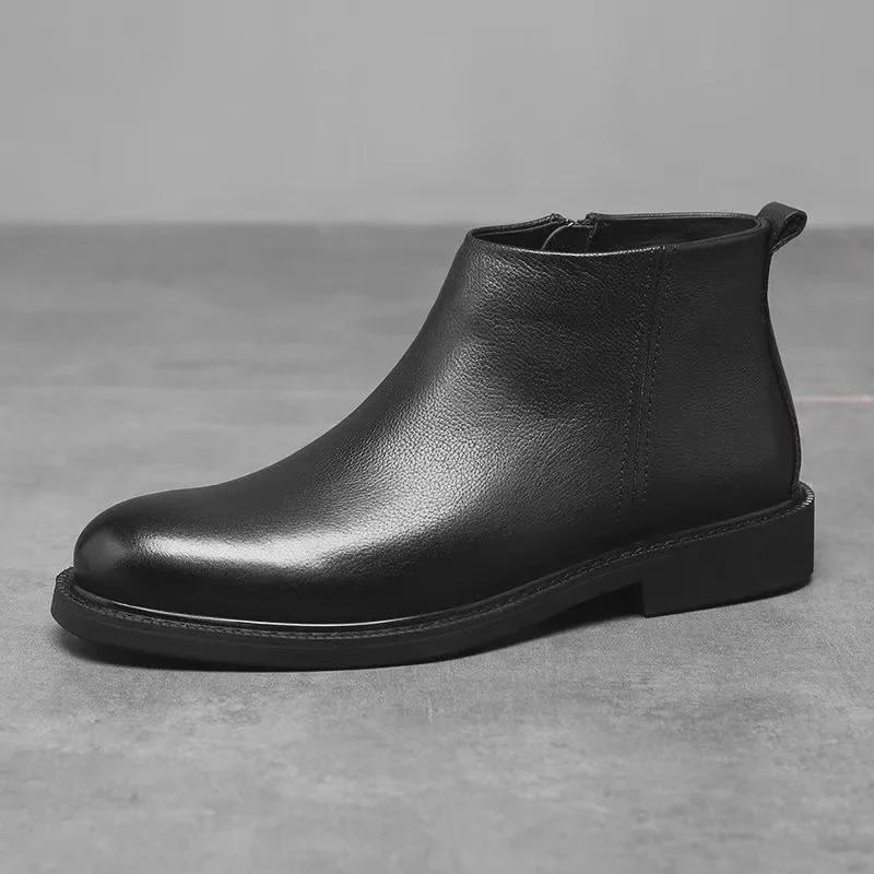Men's Solid Color Leather Chelsea Boots - European Style, All-Match, Winter