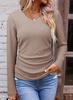 Women's V Neck Long Sleeve Knit Top Ruched Side Solid Color Textured Casual Basic T Shirt Fall Fashion Blouse