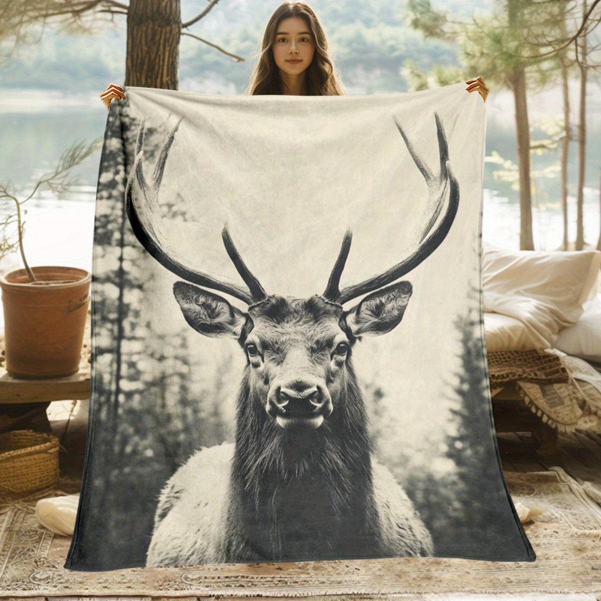 Majestic deer forest landscape black and white photo flannel blanket nature wildlife art bedroom wall hanging decorative blanket 75x100cm