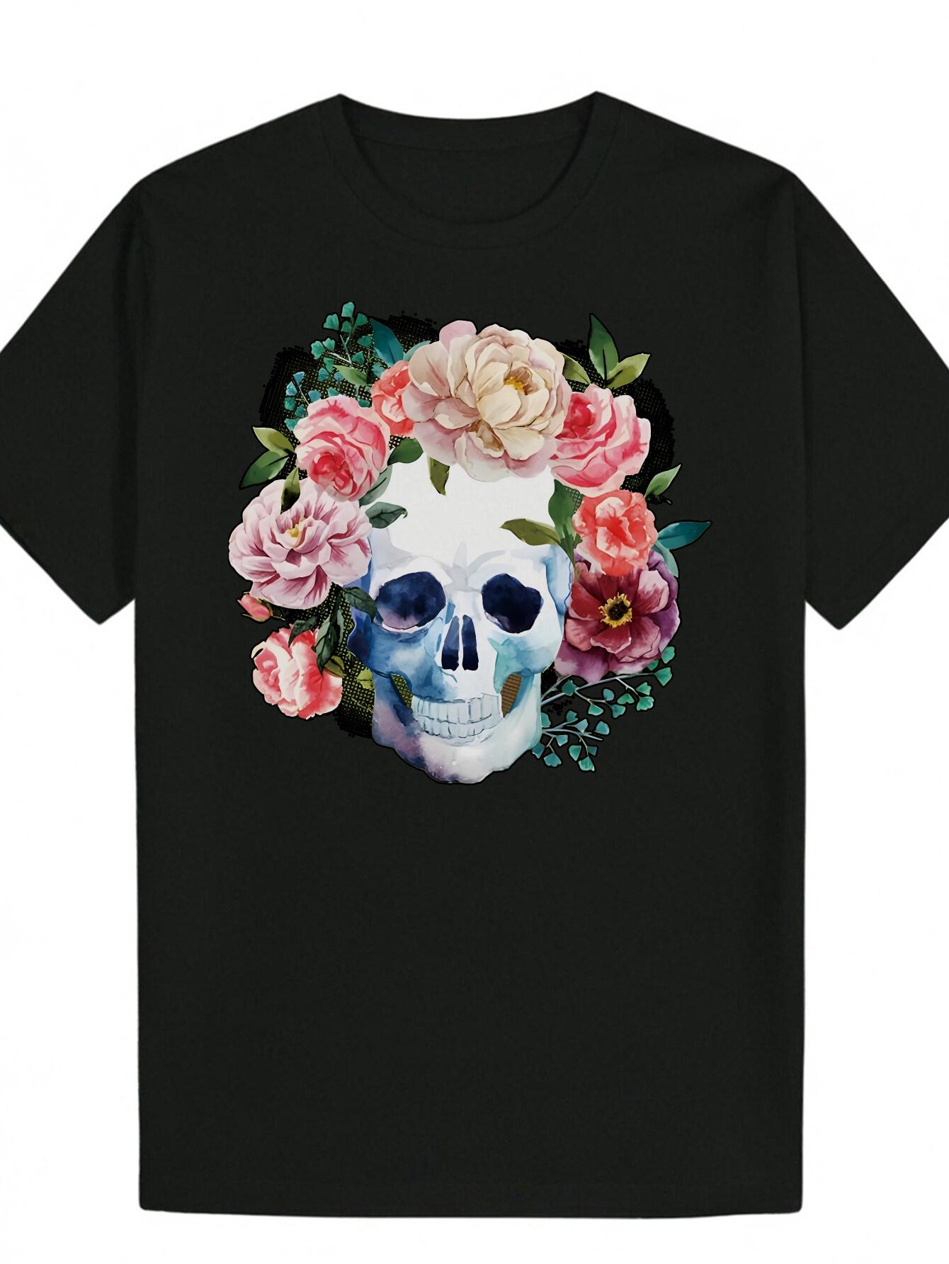 Graphic T-shirt - Black Skull & Floral Crown Print L