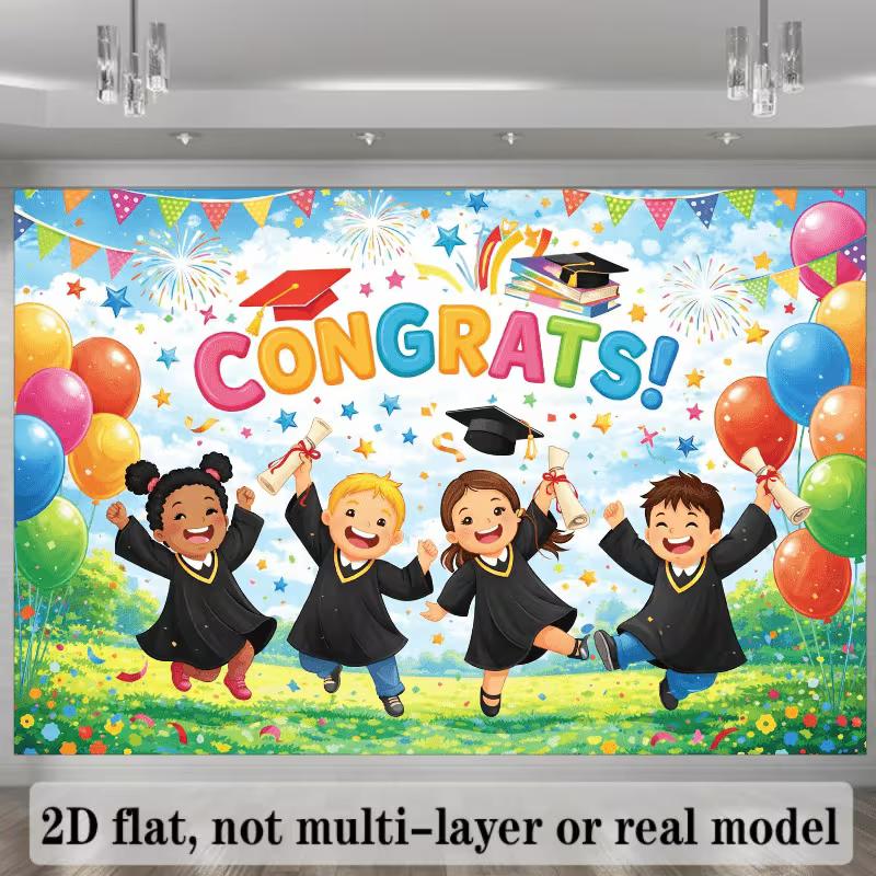2D Congrats Graduation Backdrop Kids Cap Diploma Background Cloth