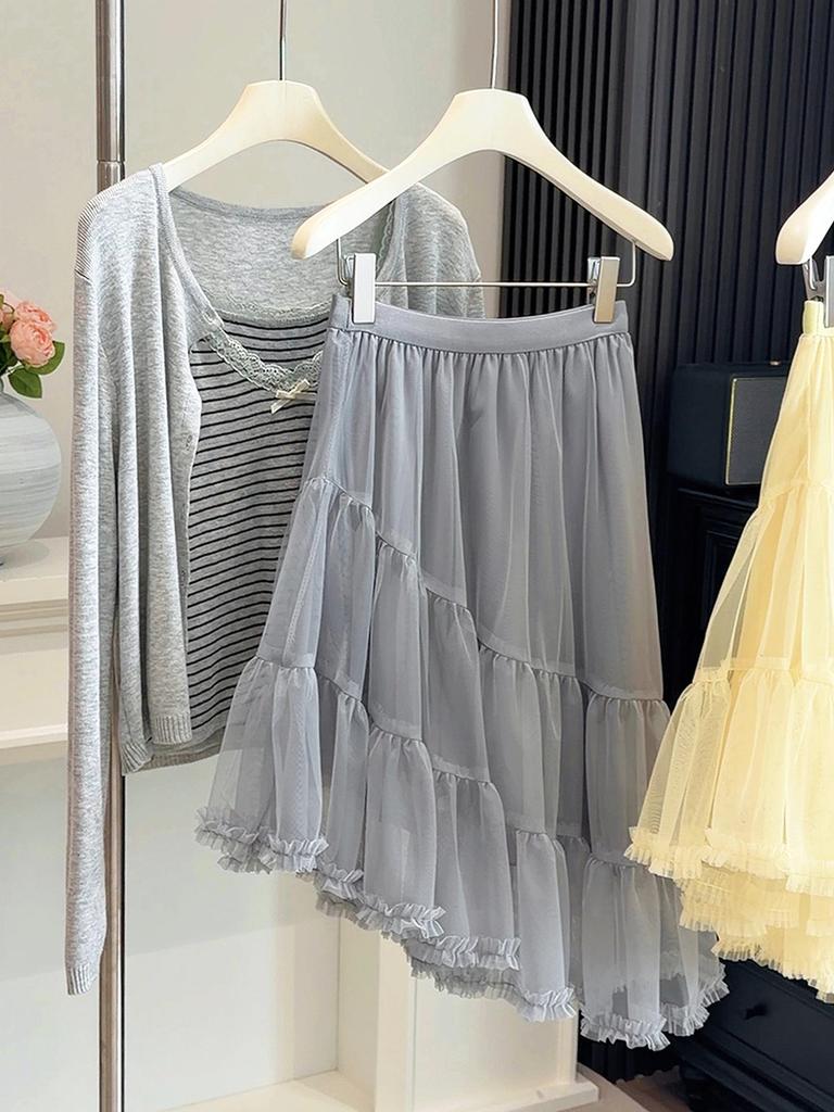 Women's Summer High Waist Ruffled A-Line Midi Skirt with Irregular Mesh Layers