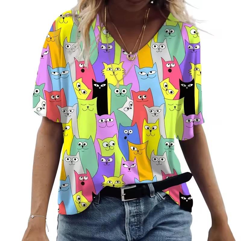 Cartoon Cat Women's T-shirts V-Neck Cute Cat 3D Print Short Sleeve Summer Kawaii Fashion Casual Tee Shirts Funny Femininity Clothes