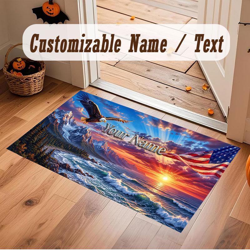American Patriotic Theme Crystal Velvet Floor Rug Personalized Custom Name Text Warm Carpet Home Decoration