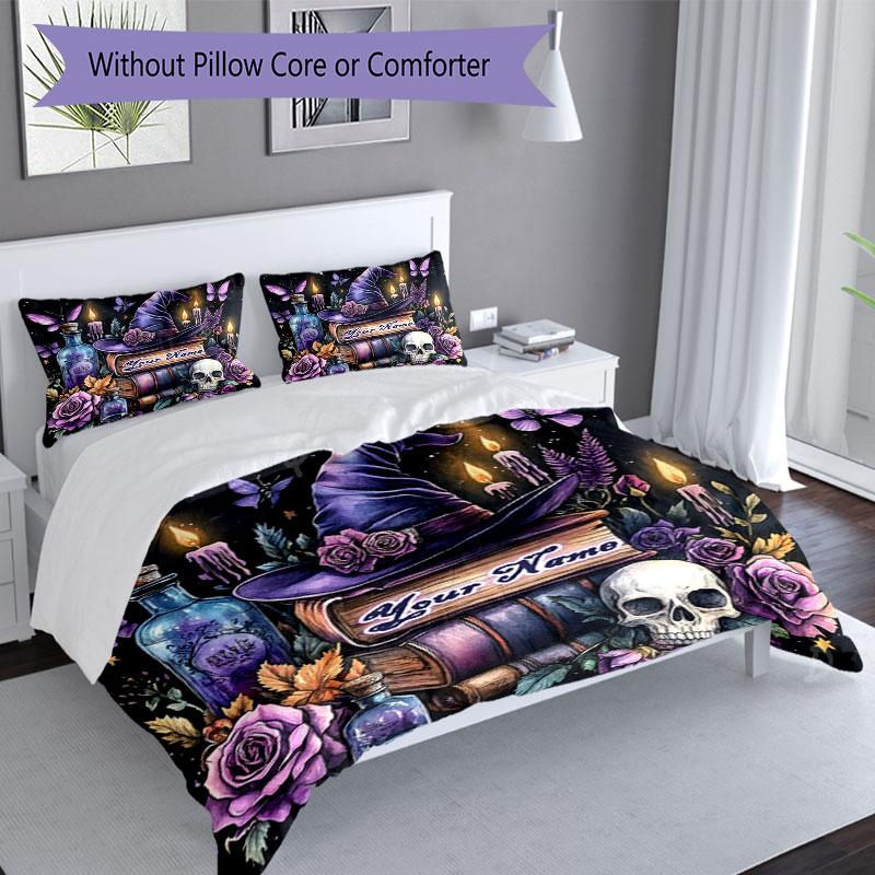 3pcs Custom Name Witchcraft Magic Bedding Set Printed Bedding Set Duvet Cover Closure Includes 1 Duvet Cover & 2 Pillowcases Bedroom Decor