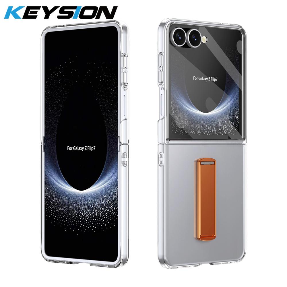 

KEYSION Transparent Case for Samsung Galaxy Z Flip 7 Hard PC Metal Kickstand Shockproof Phone Cover with Glass Screen Protector for Galaxy Z Flip 7