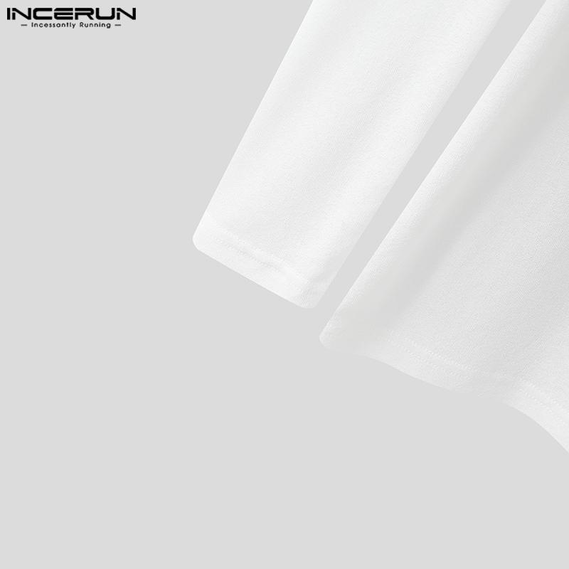 INCERUN Men Beading Low Cut Neck Long Sleeve Fitted Tops T-shirts Undershirts