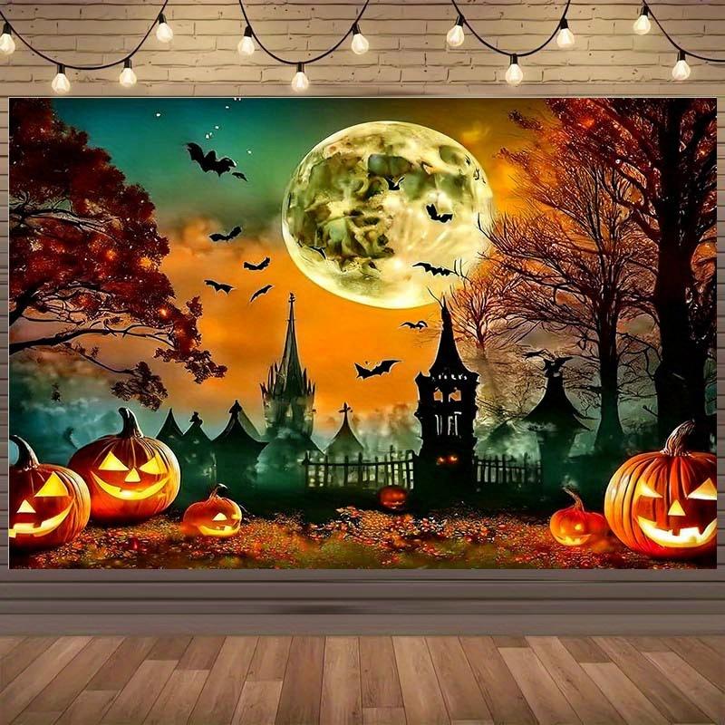 1 pc 2D Flat Halloween Background - Jack-O'-Lantern, Bats, Full Moon and Autumn Tree Scene - No Power Required——sjs