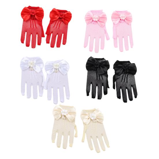Lace Short Gloves for Little Girls 4-8 Years Tea Party Wedding Flower Gloves with Bow Kids Princess Dressing Gloves for First Communion Wedding Prom