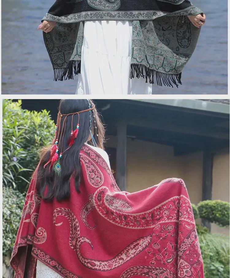 Ethnic Style Cashew Pattern Shawl Cloak Scarf: Imitation Cashmere, Thick, Dual-Purpose Women's Accessory for Autumn/Winter