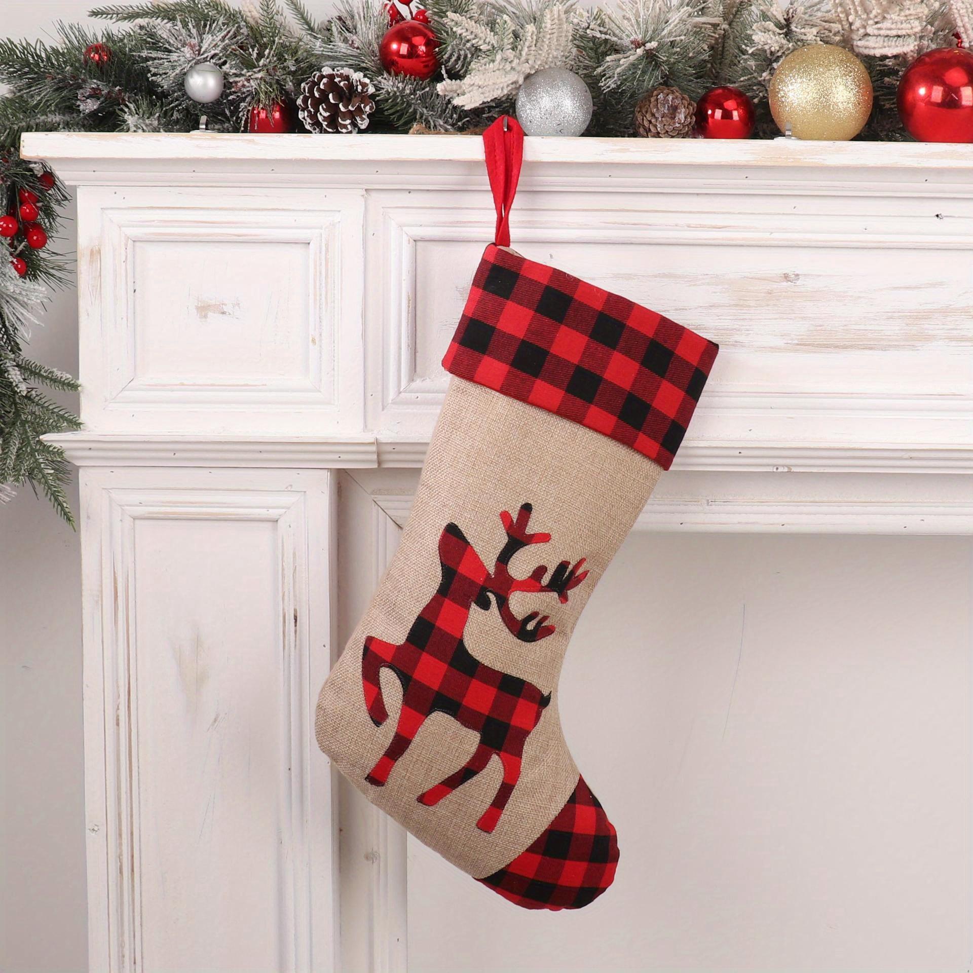 

1 шт. Красный и черный клетчатый рождественский чулок из имитации льна с аппликацией и вышивкой, рождественский подарок
